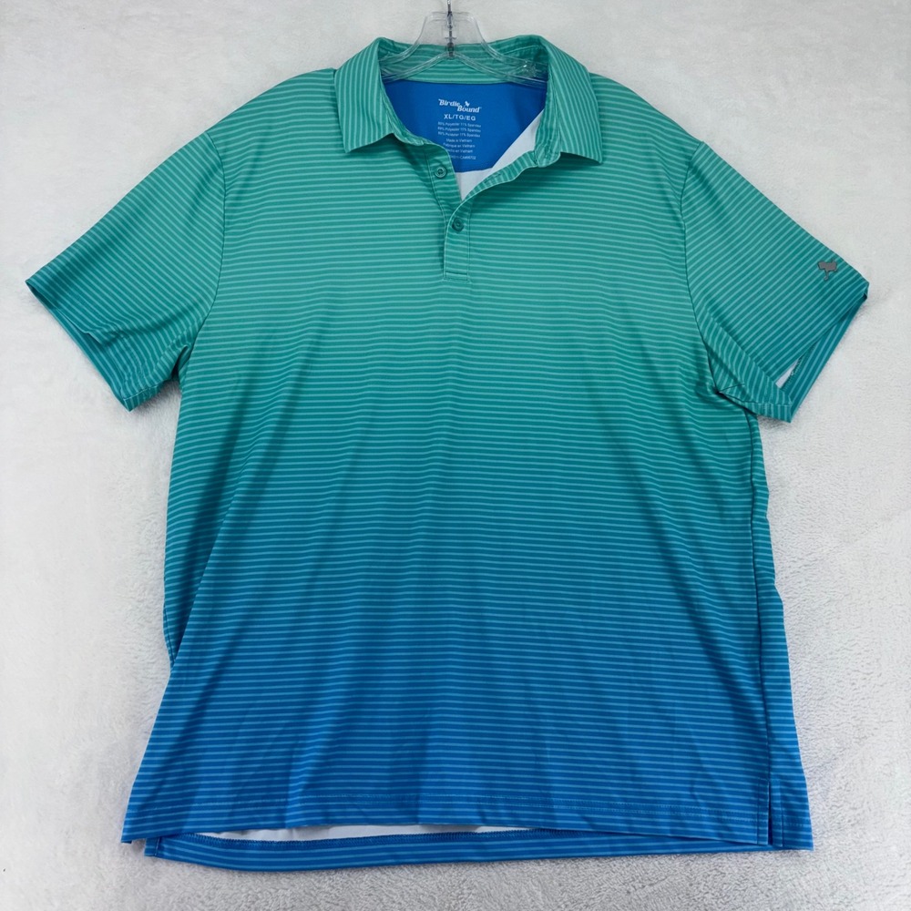 Birdie Bound Mens XL Performance Golf Polo Shirt Teal Blue Ombre Striped Stretch